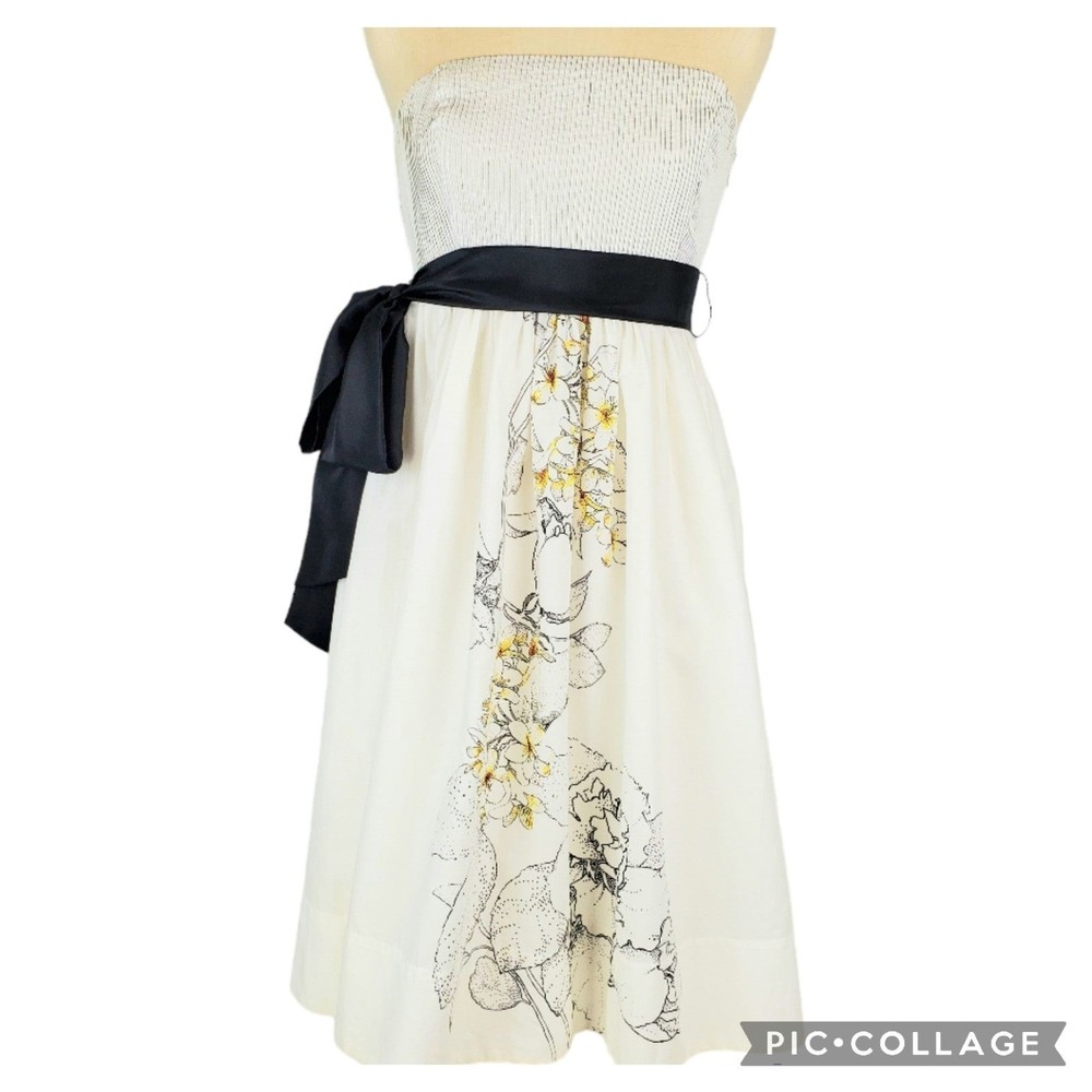 Anthropologie Maeve Floral Belted Fit & Flare Dress Womens Sz 2 White Yellow
